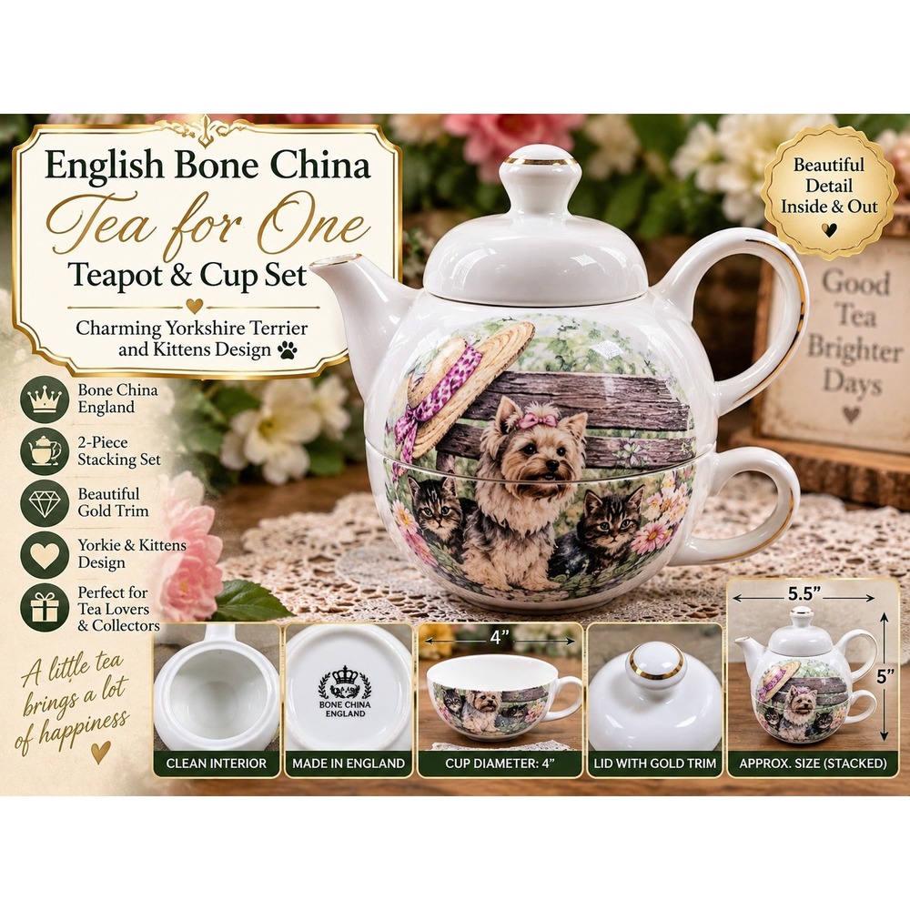 English Bone China Tea for One Set Yorkshire Terrier Yorkie & Kittens Gold Trim